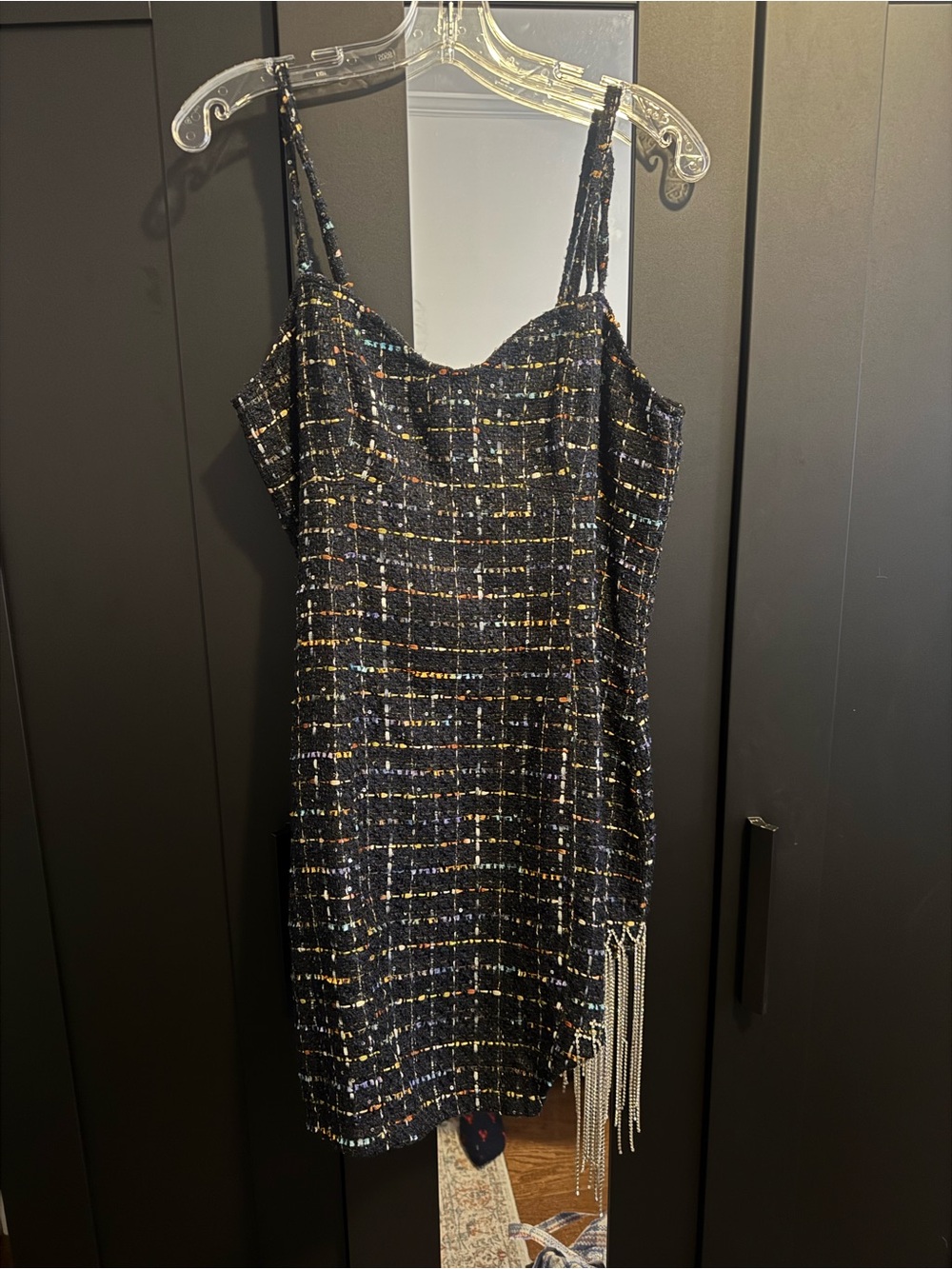 Black Tweed Mini Dress with Chain Fringe - NWOT